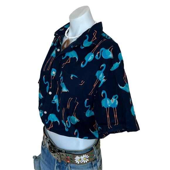 Hawaiian Shirt Button Down Crop Top One Size Boxy Surfer Flamingo Miami Oversize - Picture 3 of 5